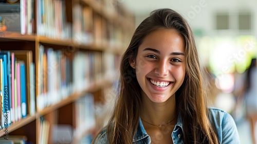 Portrait of female student in university library ready for learning. Education concept. The library becomes her sanctuary in the pursuit of knowledge.