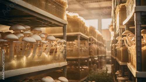 A controlled environment in a mushroom farm with neatly arranged trays of different mushroom varieties. Generative AI
