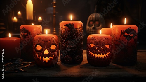 Group of Carved Face Pumpkins, Halloween Decorations in a Fall Display, Halloween