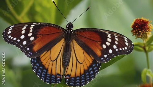 Butterfly with open wings on a leaf, greenery in the background