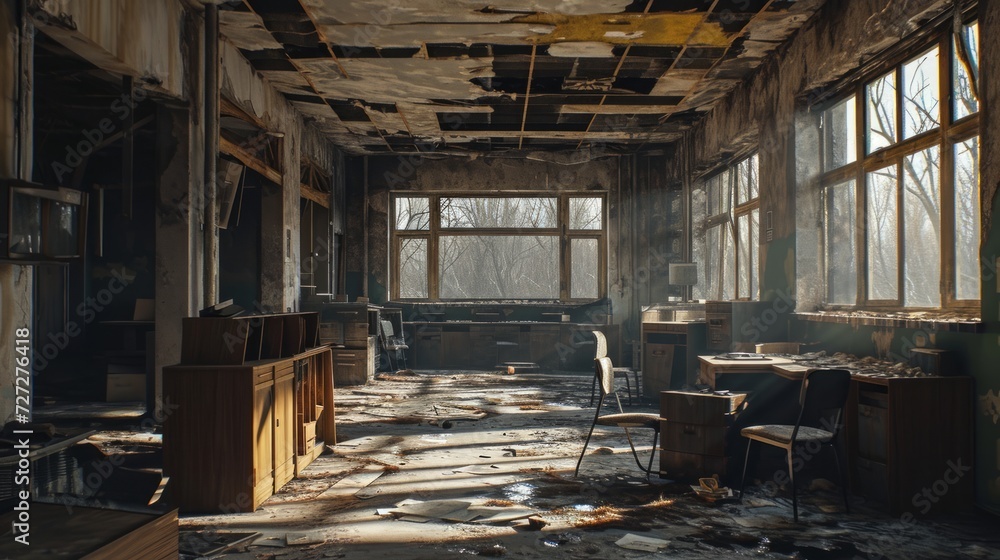 Inside Chernobyl's administrative building, abandoned offices, remnants of the past, eerie lighting, detailed linework Generative AI