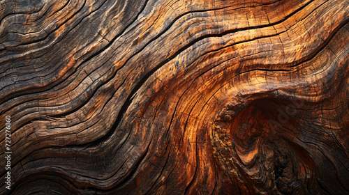 Close-up of the intricate patterns and rich colors in the grain of aged wood.