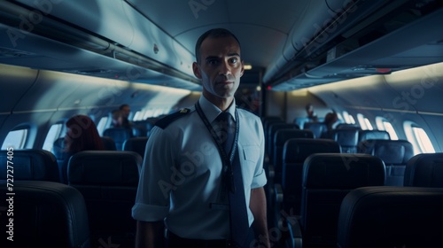 Male flight attendant assisting passengers in the cabin, demonstrating safety procedures, airplane interior visible Generative AI © vadosloginov