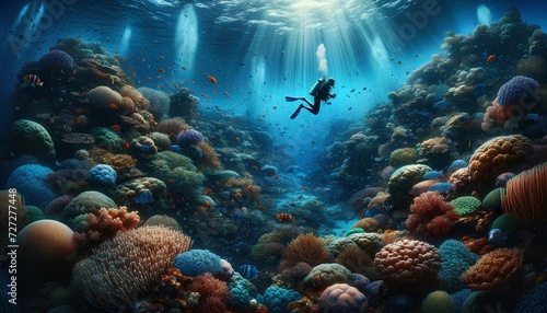 Scuba Diver Exploring Vibrant Coral Reef Underwater 