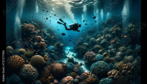 Solo Diver Gliding through a Serene Coral Seascape 