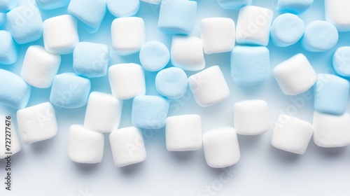 Marshmallows in vibrant blue, square-shaped, neatly aligned on a white surface, bright lighting, modern and crisp atmosphere Generative AI
