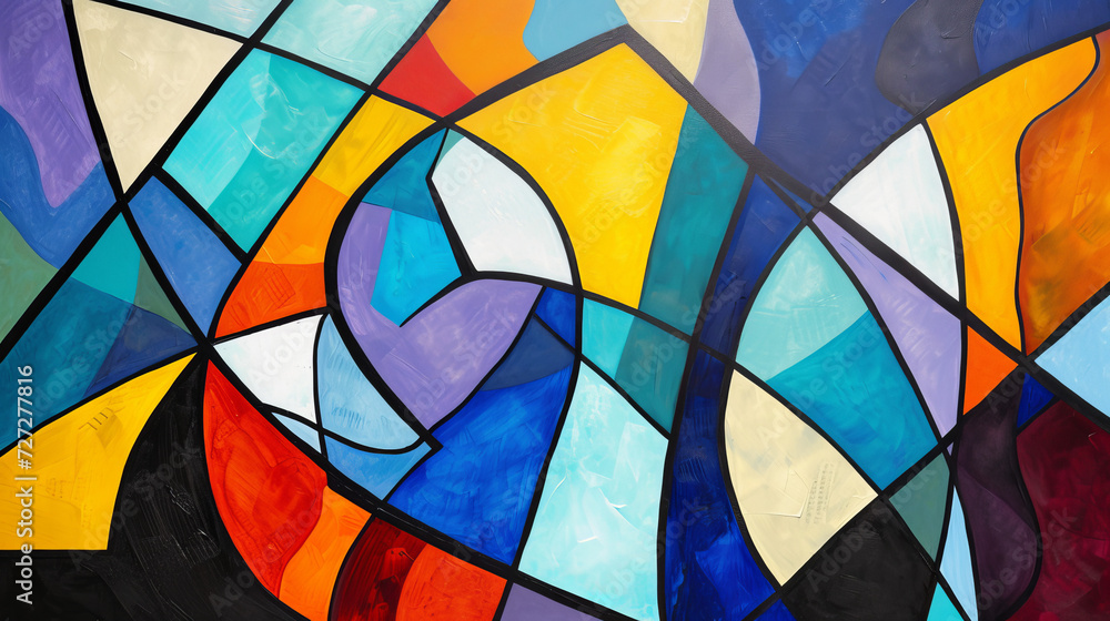 Fototapeta premium Colorful Curved Geometric Abstract Canvas Art A contemporary canvas art piece featuring curved geometric shapes interlacing with bold, colorful patterns, ideal for modern decor. 