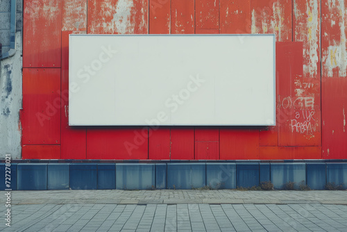 Empty Billboard on a Red Weathered Wall A blank billboard ready for advertising is mounted on a vibrant, red weathered wall, contrasting with the urban decay around it. 