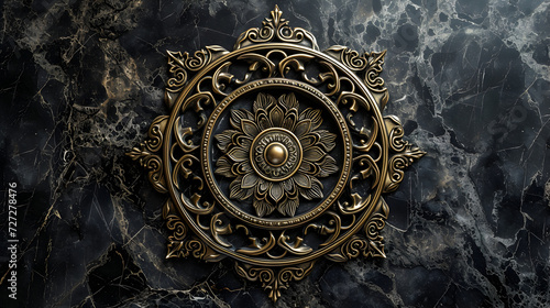 3D wallpaper stretch ceiling featuring a mandala and decorative frame against a sophisticated black marble backdrop.