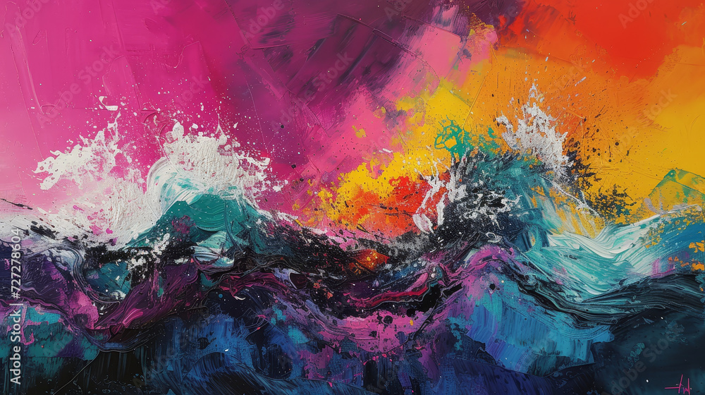 Abstract Ocean Wave Acrylic Painting on Canvas
Dynamic abstract acrylic painting captures the powerful motion of ocean waves, merging vibrant hues of pink, blue, and orange on canvas.
