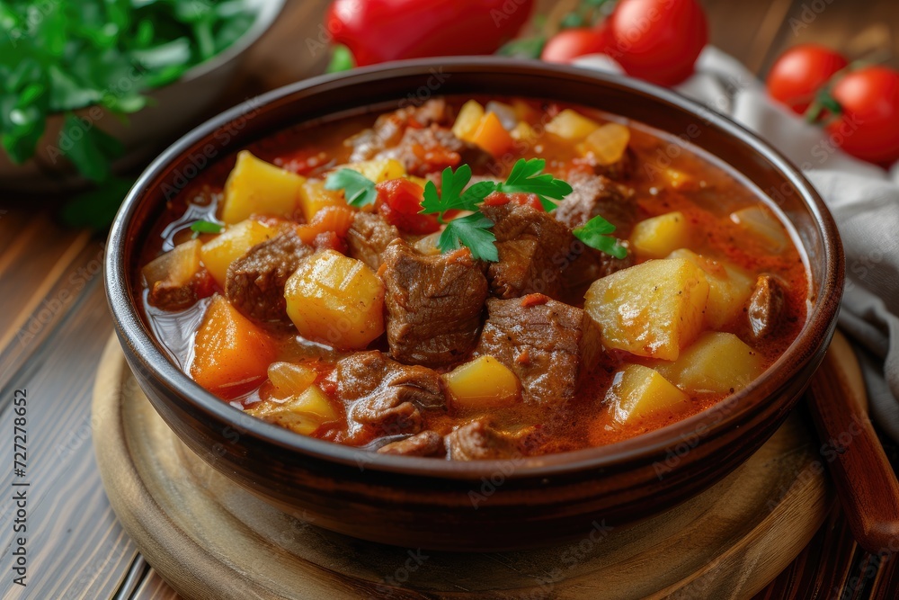 Beef goulash, soup and a stew, made of beef chuck steak, potatoes and plenty of paprika. Hungarian traditional meal.