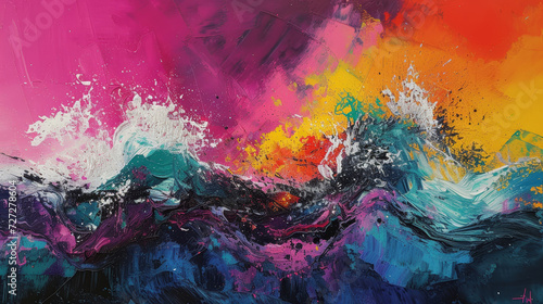 Abstract Ocean Wave Acrylic Painting on Canvas Dynamic abstract acrylic painting captures the powerful motion of ocean waves, merging vibrant hues of pink, blue, and orange on canvas. 