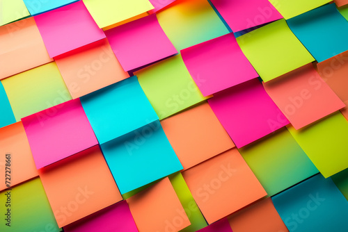 Colorful Array of Sticky Notes in Pattern A vibrant and colorful pattern created by an assortment of brightly colored sticky notes arranged on a surface. © nialyz