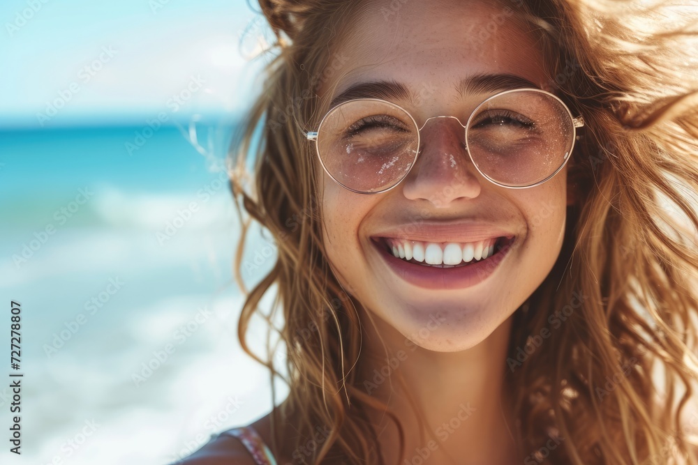 Happy beautiful young woman smiling at the beach side Happy beautiful young woman smiling at the beach side