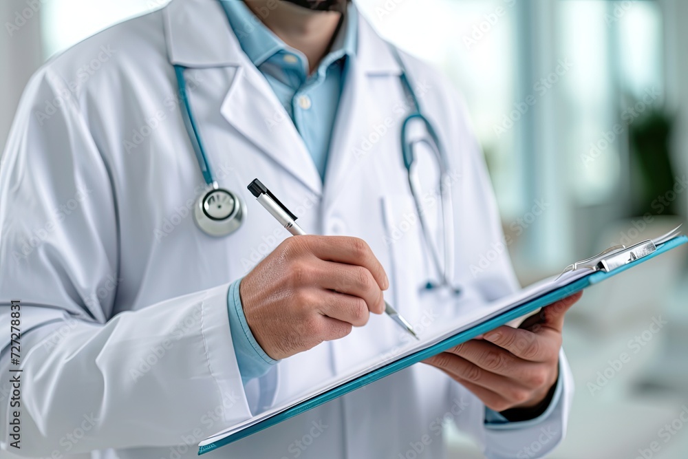 Male doctor writes notes on the clipboard in the hospital Male doctor writes notes on the clipboard in the hospital