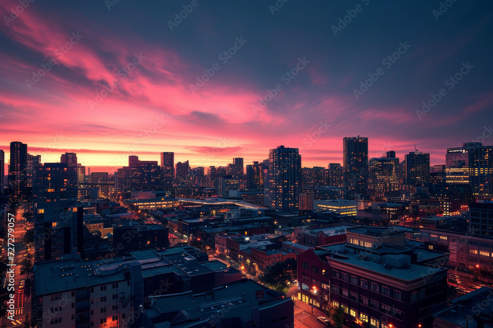 Dramatic Sunset Over Urban Cityscape
A breathtaking cityscape under a dramatic sunset with vibrant pink and purple skies casting a warm glow over the urban skyline.
