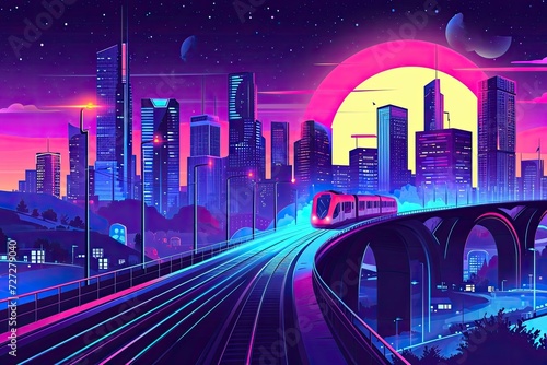 Night highway. Neon Glow City. Business town illustration. Trains rides on bridges.