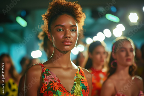 Fashion Model in Floral Dress at Event A poised young fashion model with natural makeup wearing a vibrant floral dress at a glamorous event, surrounded by soft lights. 