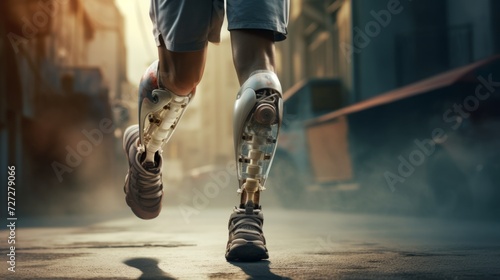 A digital representation of a person equipped with bionic limbs engaging in daily activities, emphasizing the convenience and efficiency provided by the advanced prosthetics. 