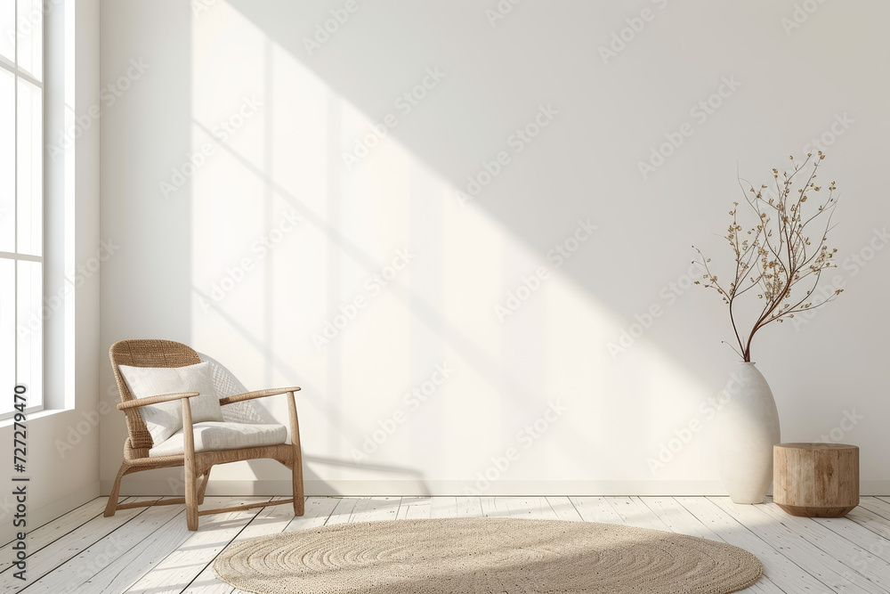 Scandinavian Style Interior with Sunlit Corner
A bright, sunlit corner in a Scandinavian-style interior, featuring a wicker chair, a large vase with branches - obrazy, fototapety, plakaty 