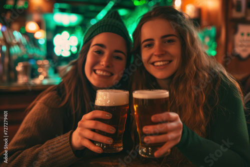 Young women with beer celebrating St. Patrick's Day in pub.