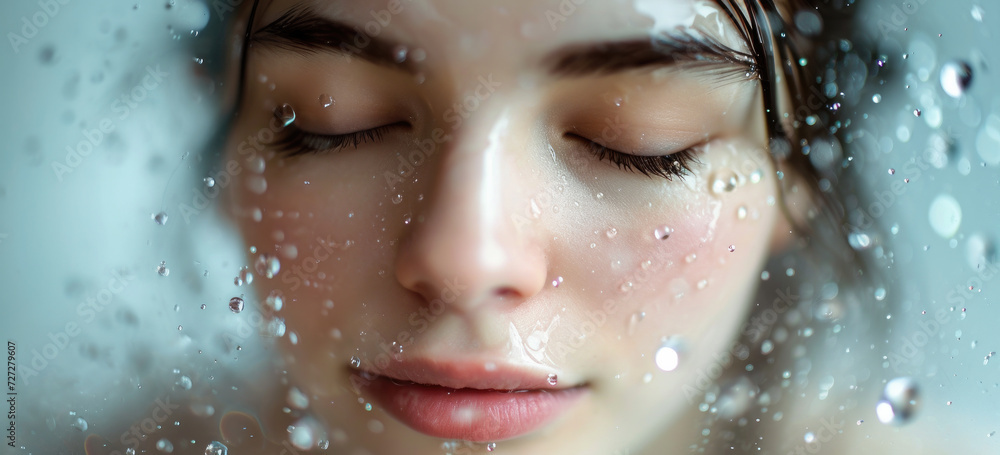 Serene woman with water droplets on face enjoying tranquility. Skin care and beauty.