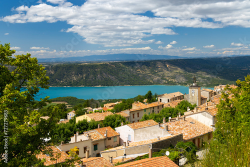 Typical Provencal town Aiguines with Lac de Sainte-Croix, Verdon Natural Park, Alpes-de-Haute-Provence, Provence, France