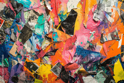 Explosion of Colors in Abstract Art Collage A chaotic yet captivating abstract art collage, featuring a riot of colors intermixed with pieces of torn paper, creating a vibrant urban texture. 