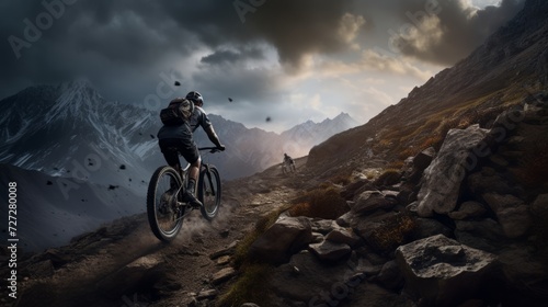 A dramatic visualization of a mountain biker in motion, skillfully negotiating rocky paths and breathtaking landscapes on an adventurous ride.  © vadosloginov