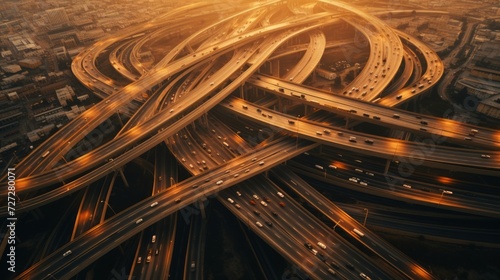 Overhead views of a bustling freeway interchange connecting major highways and roads, capturing traffic flow.  photo