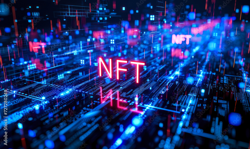 Vibrant blue neon NFT sign glowing on a futuristic cybernetic digital landscape, representing the cutting-edge blockchain technology and digital asset trend - obrazy, fototapety, plakaty 