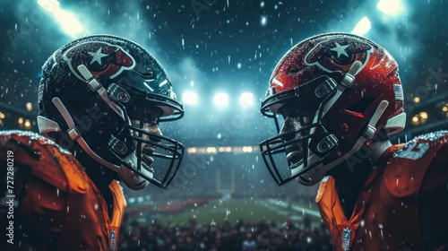 Fierce confrontation between two gridiron players in helmets under stadium floodlights, representing competitive drive and athletic resolve amid an enthusiastic audience