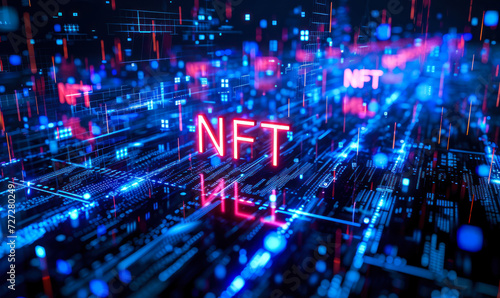 Vibrant blue neon NFT sign glowing on a futuristic cybernetic digital landscape, representing the cutting-edge blockchain technology and digital asset trend
