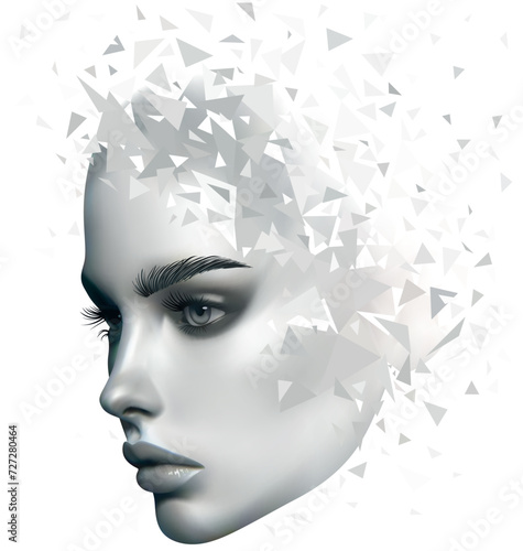 Drawing of a Beautiful Woman Face Disintegrating into Fragments - Photorealistic Illustration in Shades of Gray Isolated on a White Background, Vector
