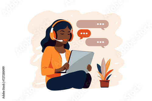 Black skinned woman sitting with laptop. Concept remote working, studying, education, work from home. Flat. Vector illustration