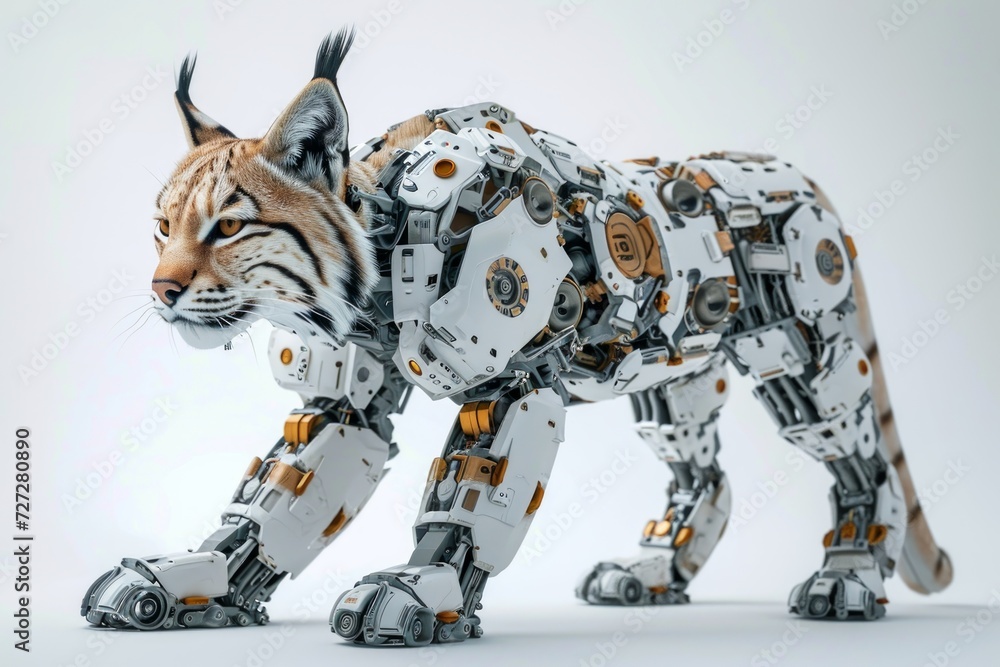 Photo concept of a cybernetically enhanced lynx with robotic parts and technological augmentations, set against a plain white backdrop Photo concept of a cybernetically enhanced lynx with robotic parts and technological augmentations, set against a plain white backdrop