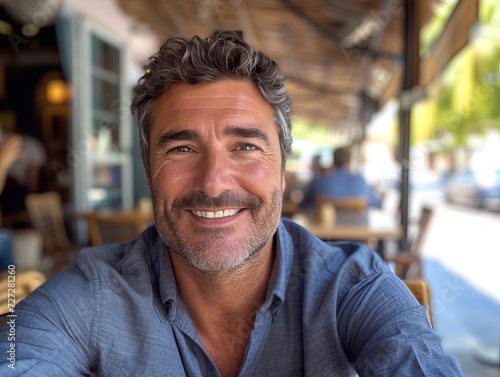 Smiling Mature Man in a Cozy Cafe Terrace 