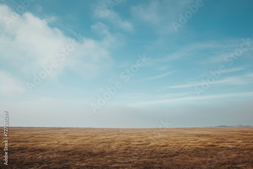 Expansive Golden Field Under a Clear Blue Sky An open landscape captures the tranquil beauty of a golden field stretching towards the horizon under a vast, clear blue sky. 