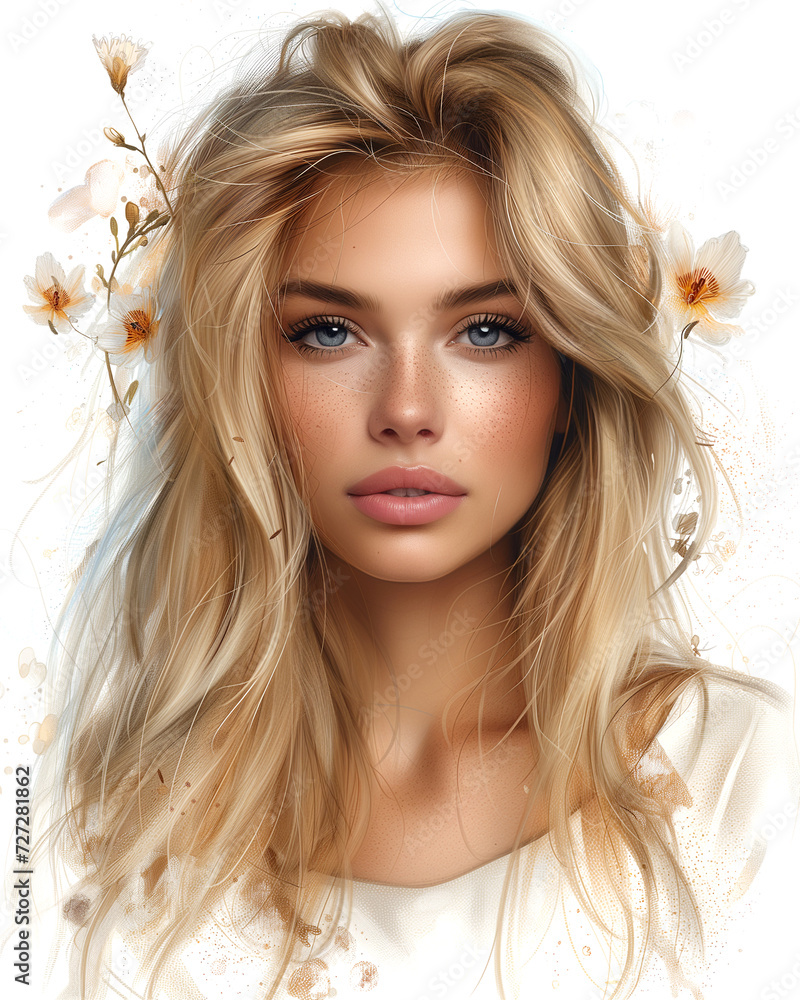Portrait of a girl with blond hair, orchids. Beautiful illustration for printing on fabric, clothing Portrait of a girl with blond hair, orchids. Beautiful illustration for printing on fabric, clothing