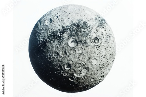 Photo concept of Iapetus, another moon of Saturn, exhibiting its two-tone coloration and heavily cratered surface against a white background 