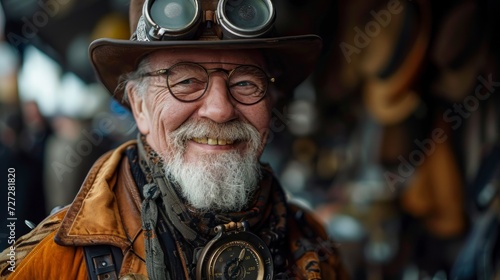 Photo concept of an older post-apocalypse individual in steampunk clothing, smiling warmly and portraying hopefulness  © vadosloginov