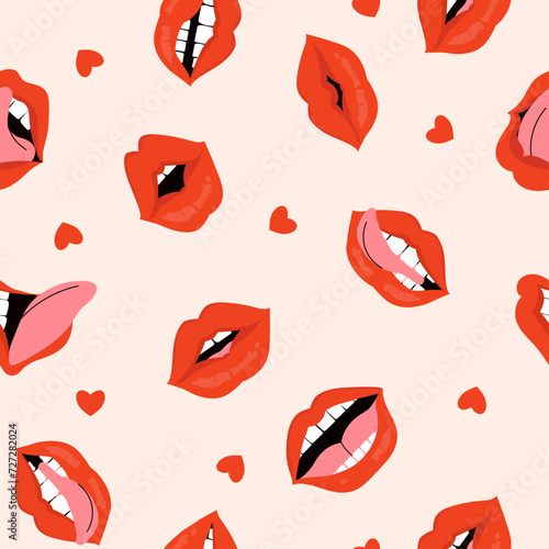 Women s  lips with red lipstick and hearts make up a vector seamless pattern. Gestures collection expressing different emotions.