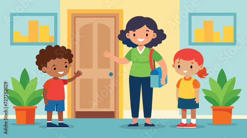 Cheerful Teacher Welcoming Children at School Entrance