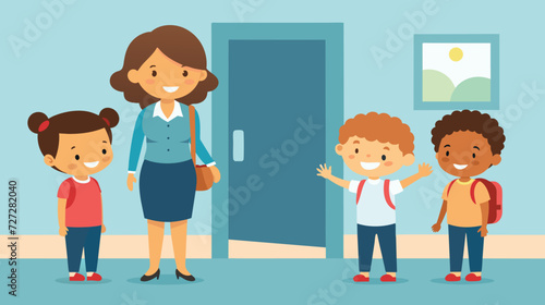 Teacher Greeting Young Students in Classroom Hallway