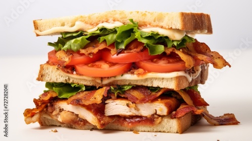 A flavorful chicken club sandwich showcased in a close-up realistic photo against a white background 