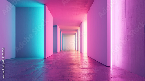 empty room corridor gallery walls neon purple pink backlight modern background mockup