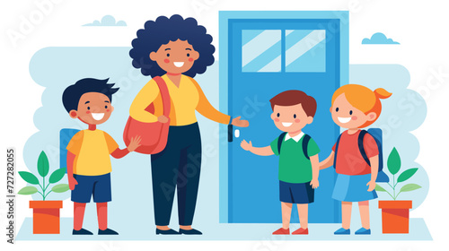 Friendly Teacher Greeting Students at Classroom Door