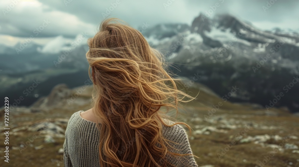 Photo concept showcasing a girl's close-up in mountainous terrain, her hair swaying in the breeze as she admires the rugged beauty of the peaks Photo concept showcasing a girl's close-up in mountainous terrain, her hair swaying in the breeze as she admires the rugged beauty of the peaks