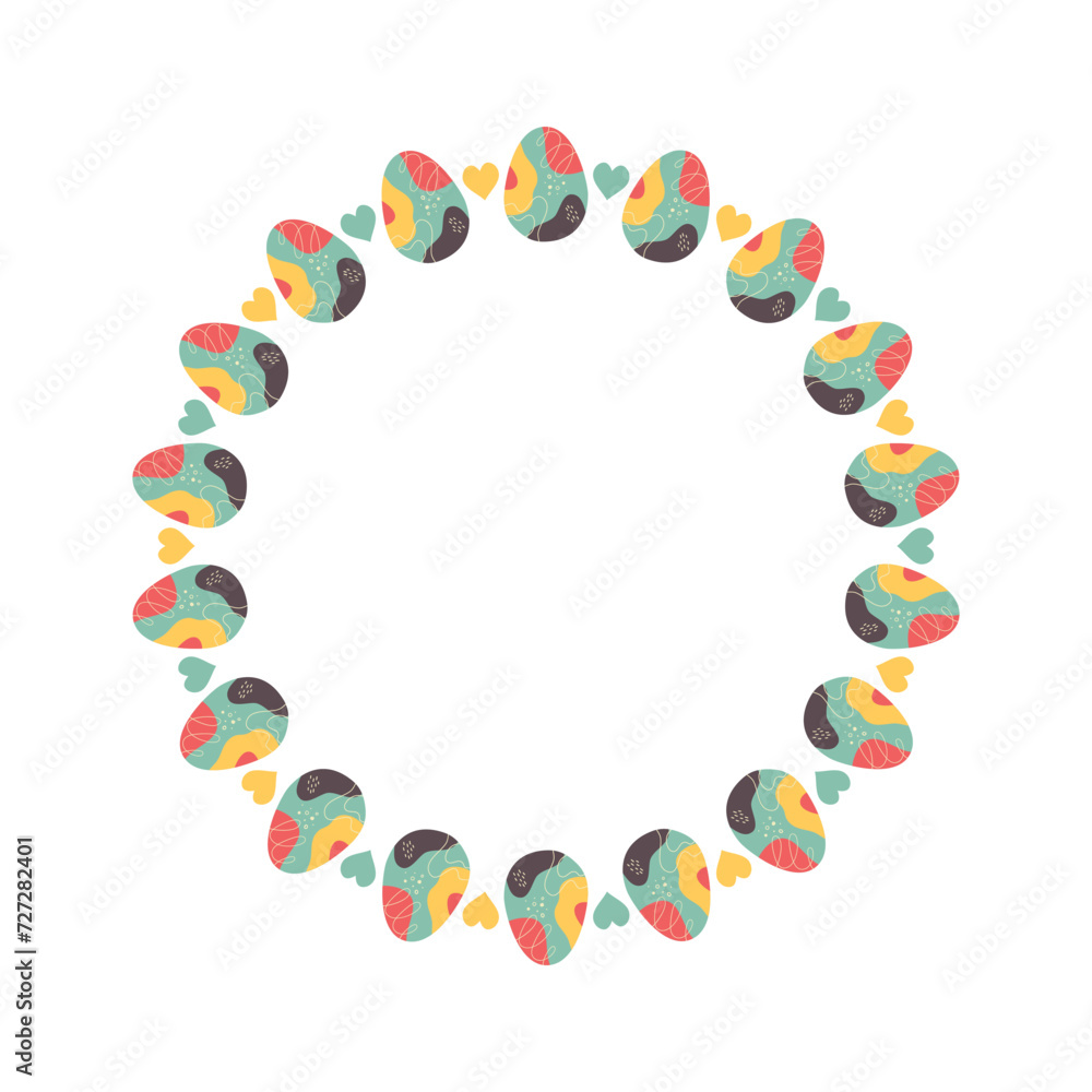 Easter egg round frame design. Easter holiday egg hunt border in colorful flat style with ornaments. Retro wreath. Stock vector illustration card isolated Easter egg round frame design. Easter holiday egg hunt border in colorful flat style with ornaments. Retro wreath. Stock vector illustration card isolated