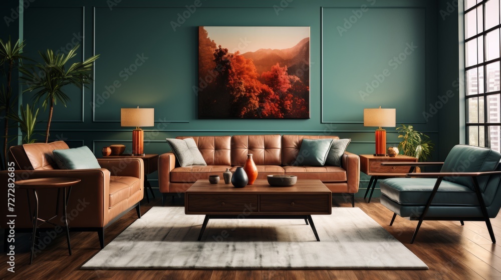 Fototapeta premium A Living Room With Furniture and a Wall Painting